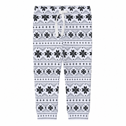Modern Burlap faux drawstring pants in Black on White Nordic Winter, front studio view showing decorative ties and ankle cuffs