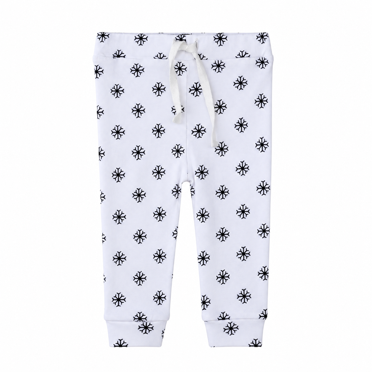 Modern Burlap faux drawstring pants in Black on White Snowflakes, front studio view showing decorative ties and ankle cuffs