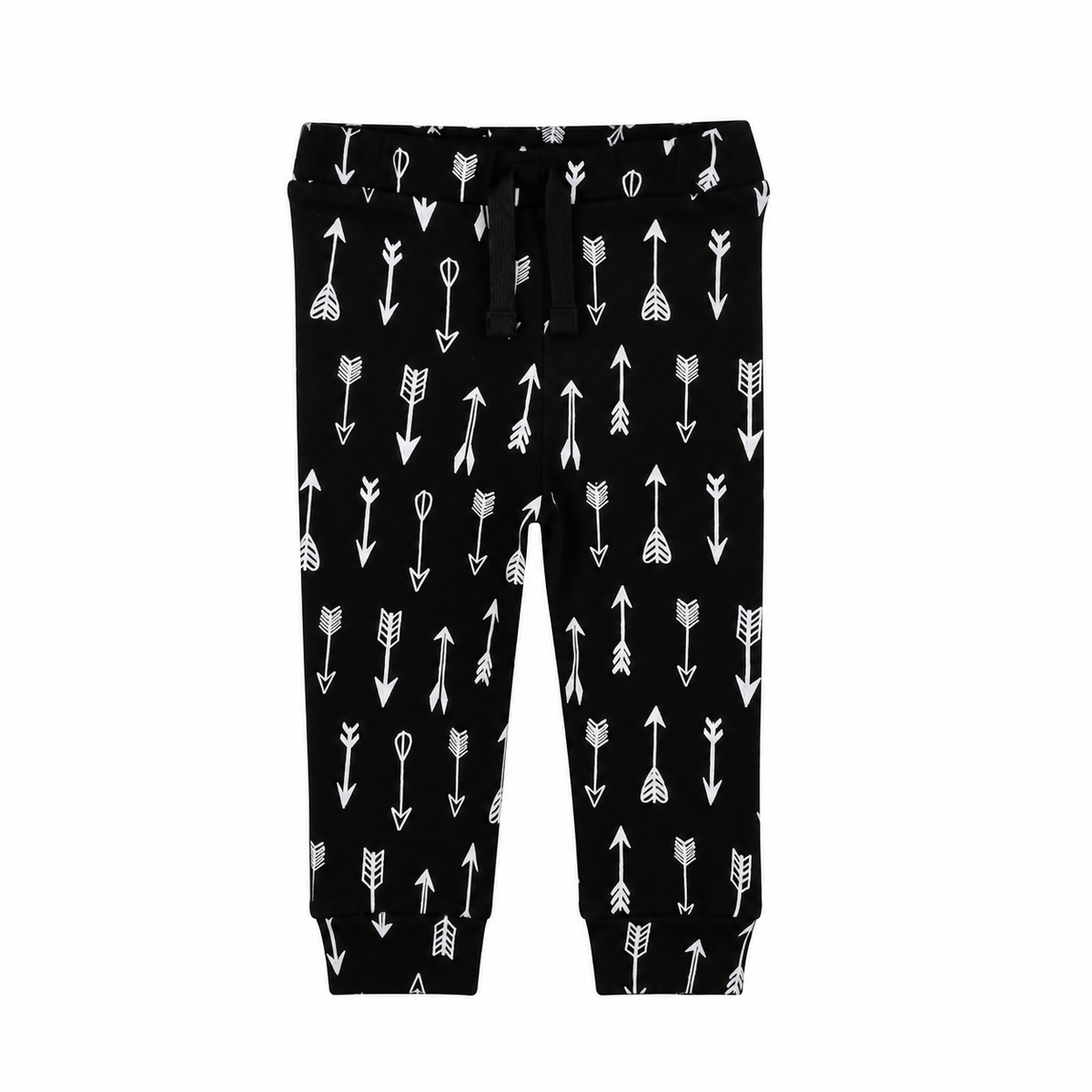 Modern Burlap faux drawstring pants in White on Black Arrows, front studio view showing decorative ties and ankle cuffs