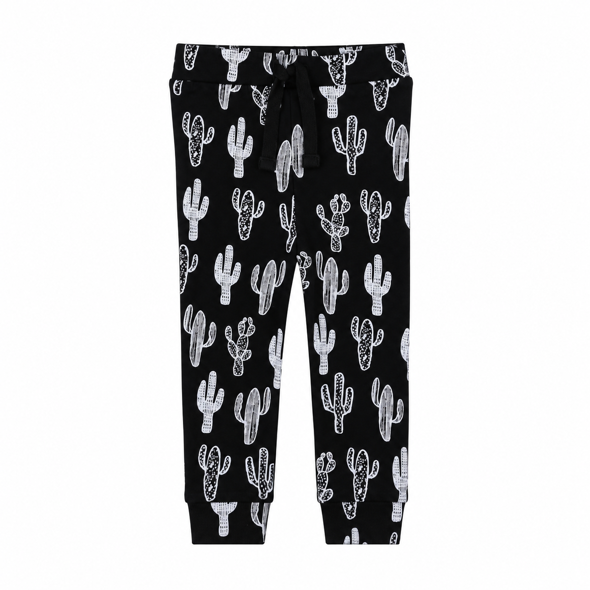 Modern Burlap faux drawstring pants in White on Black Cactus, front studio view showing decorative ties and ankle cuffs