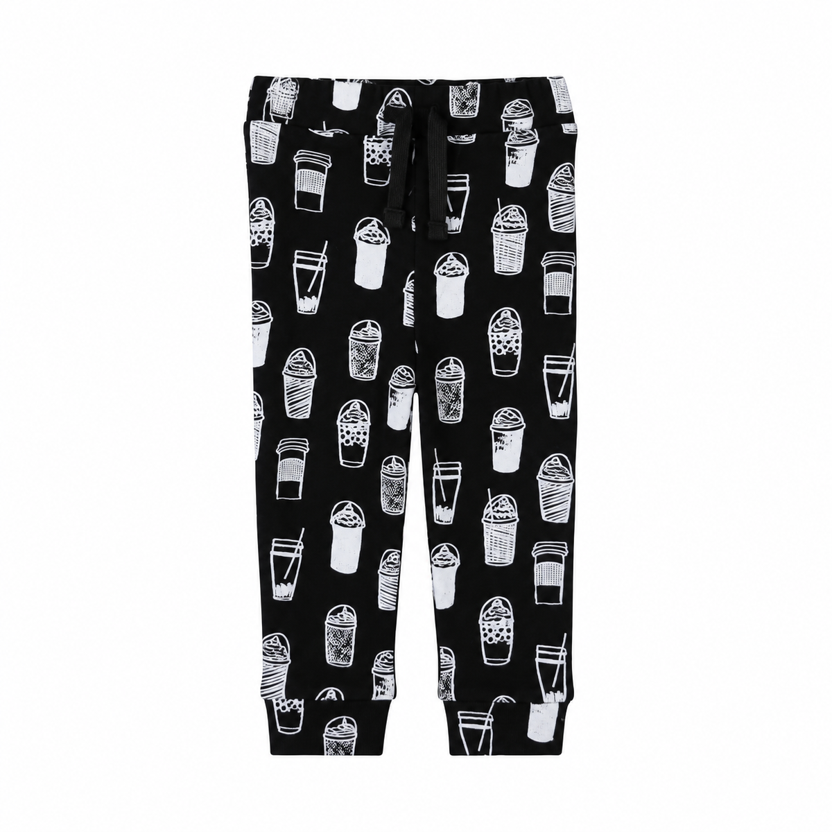 Modern Burlap faux drawstring pants in White on Black Coffee Love, front studio view showing decorative ties and ankle cuffs