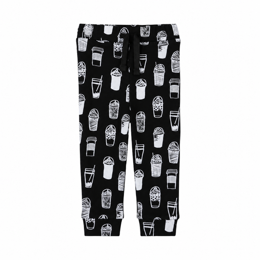 Modern Burlap faux drawstring pants in White on Black Coffee Love, front studio view showing decorative ties and ankle cuffs