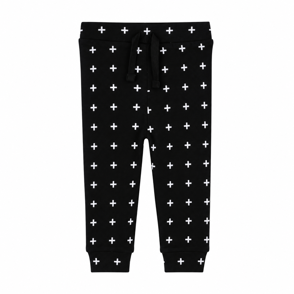 Modern Burlap faux drawstring pants in White on Black Swiss Cross, front studio view showing decorative ties and ankle cuffs