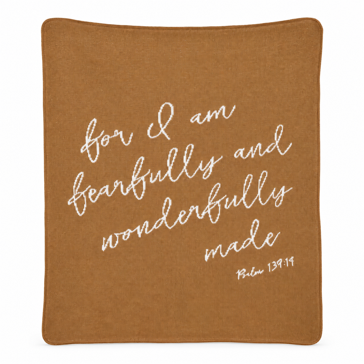 Full view of the Fearfully and Wonderfully Made knit blanket in Caramel with cream Psalm 139:14 lettering