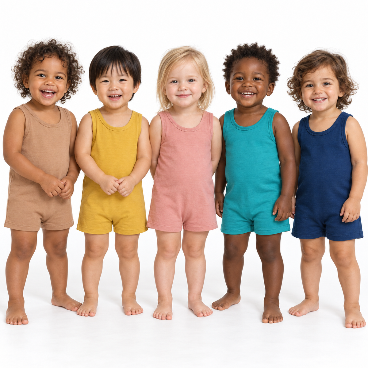 Five toddlers standing in Ginger, Mustard, Blooming Dahlia, Arcadia and Sailor Blue organic tank rompers