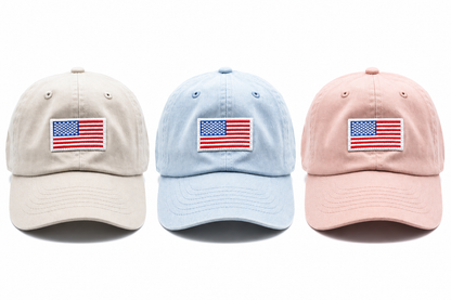 Rey to Z adult flag baseball hats in Dune, Super Light Denim and Dusty Rose at matching scale; hats sold individually.