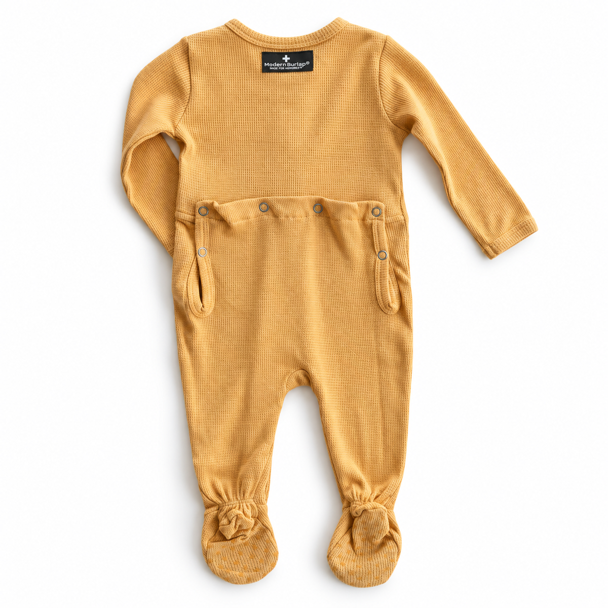 Modern Burlap Thermal Explorer Back Button Footie in Honey, full back studio view