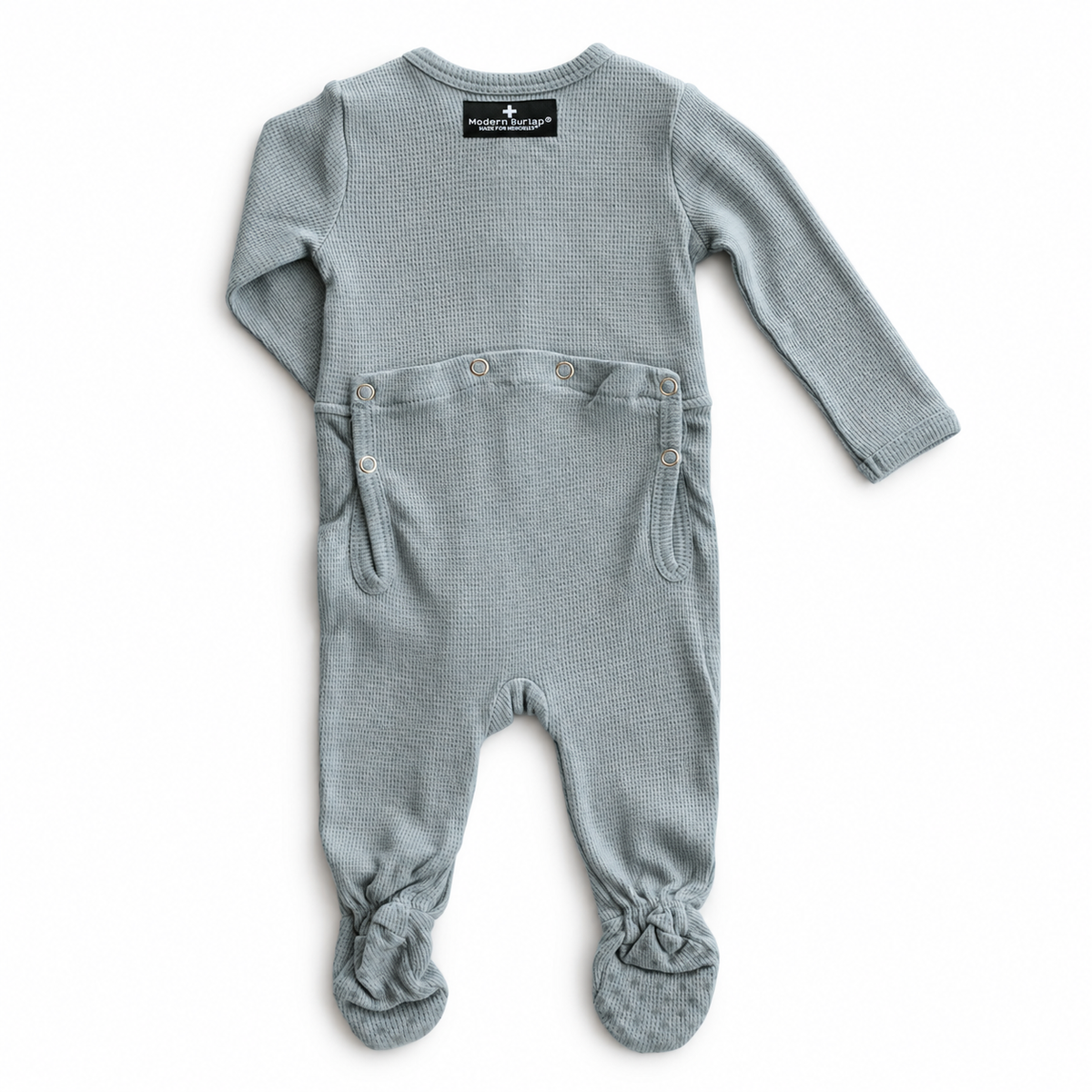 Modern Burlap Thermal Explorer Back Button Footie in Tradewinds, full back studio view