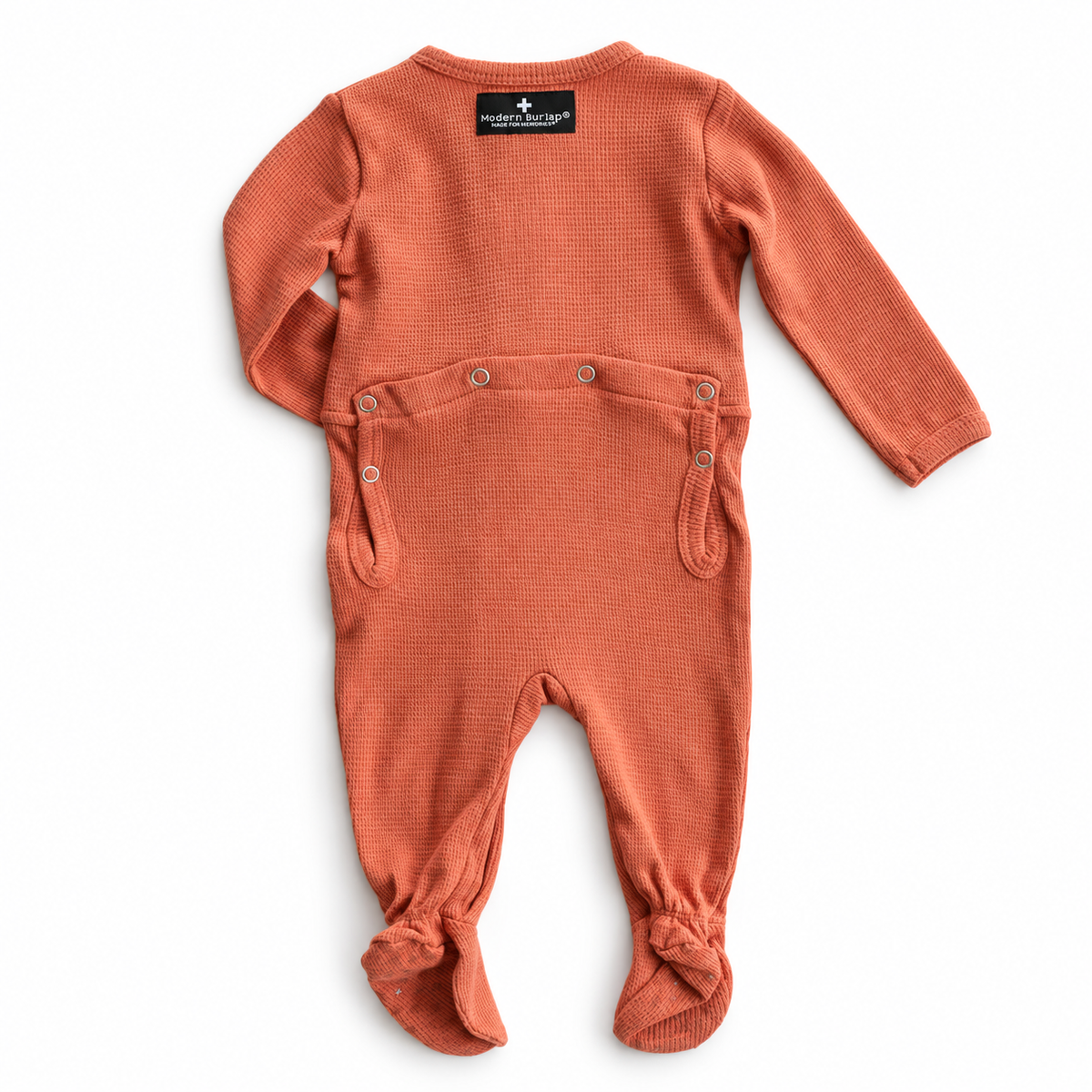 Modern Burlap Thermal Explorer Back Button Footie in Aragon, full back studio view