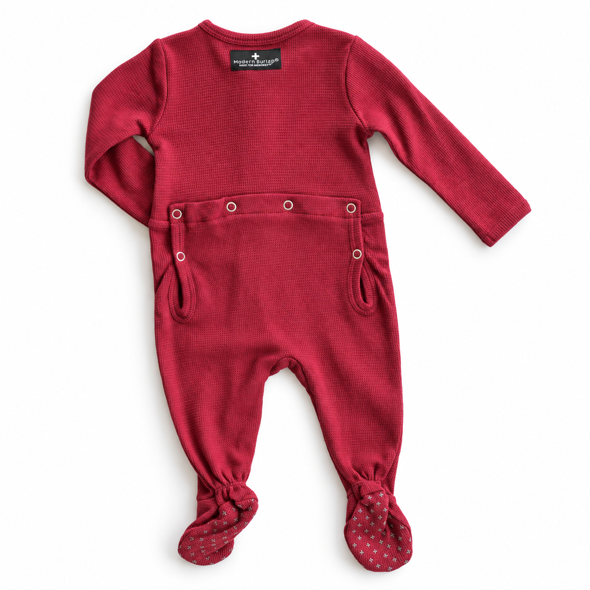 Modern Burlap Thermal Explorer Back Button Footie in Maroon, full back studio view