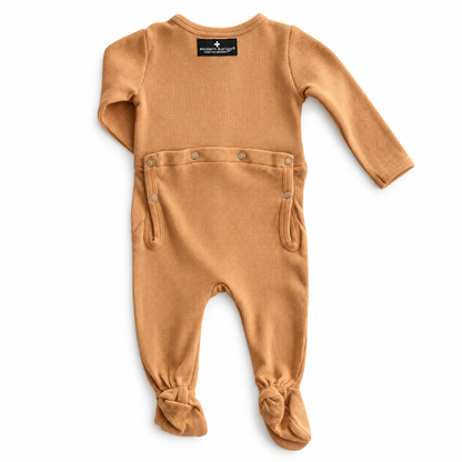 Modern Burlap Thermal Explorer Back Button Footie in Ginger, full back studio view