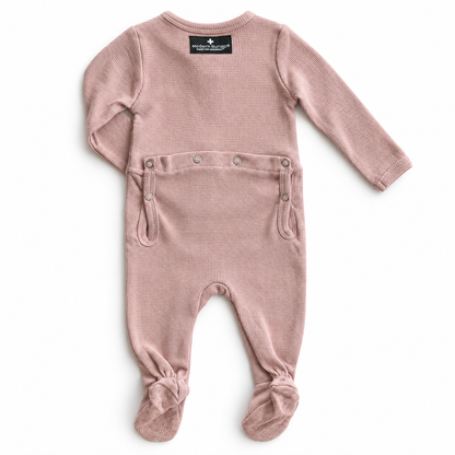 Modern Burlap Thermal Explorer Back Button Footie in Mauve, full back studio view