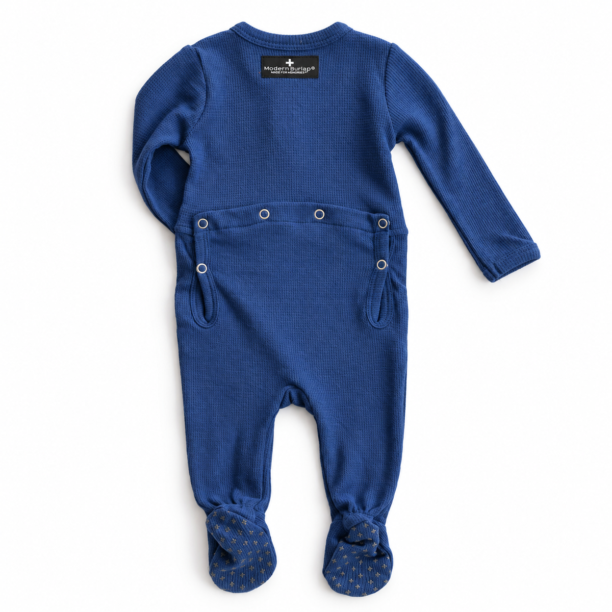 Modern Burlap Thermal Explorer Back Button Footie in Navy Peony, full back studio view