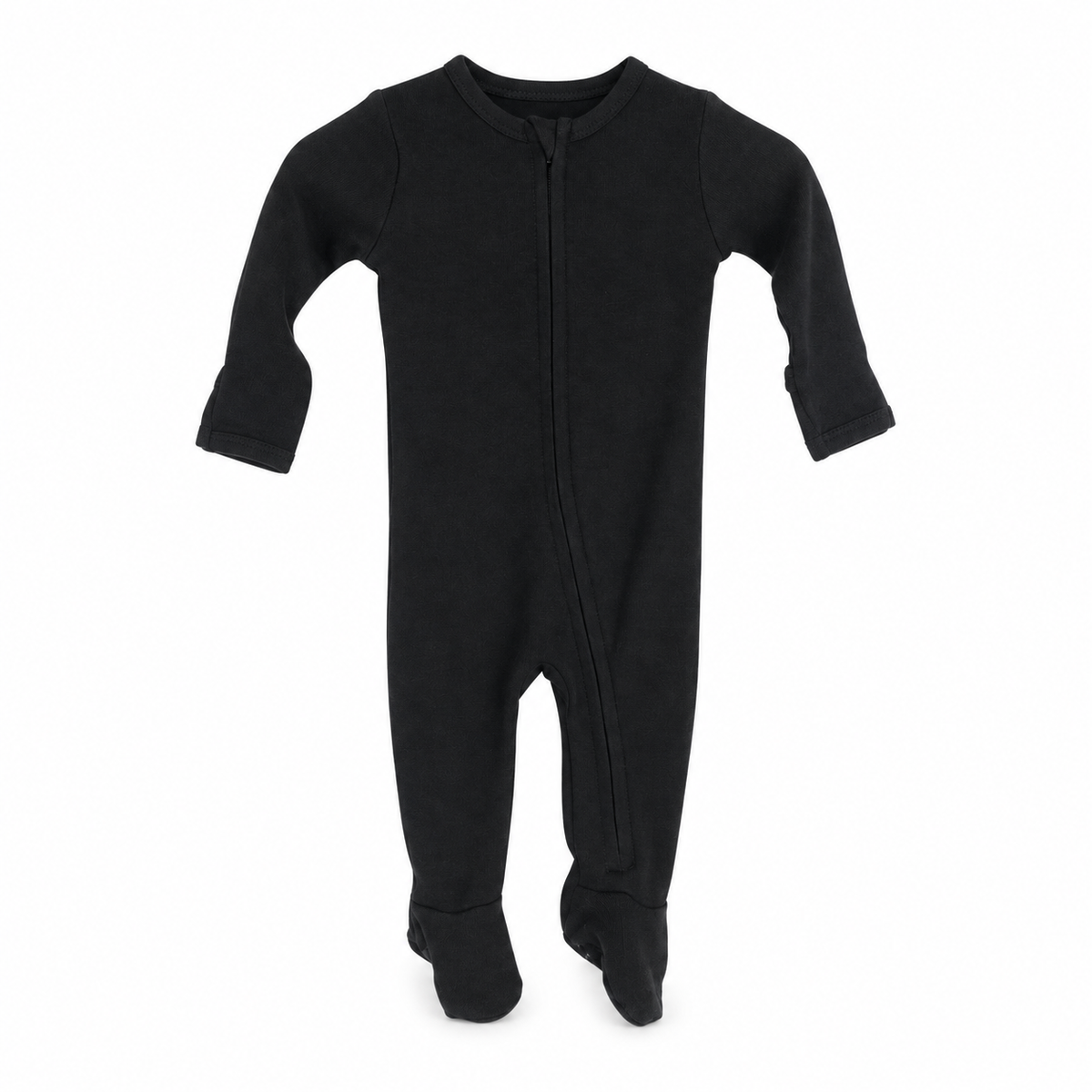 Modern Burlap James 1:17 Organic Zip Footie in Black, full front studio view