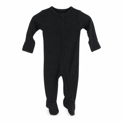 Modern Burlap James 1:17 Organic Zip Footie in Black, full front studio view