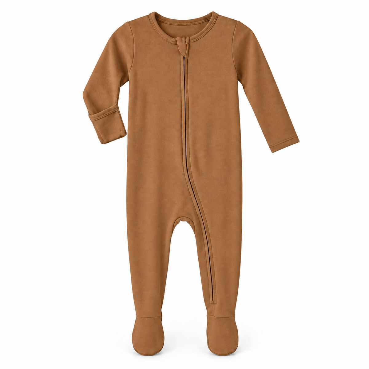 Ginger organic zip footie on white, with one sleeve turned to show the underside fold-over hand cover.