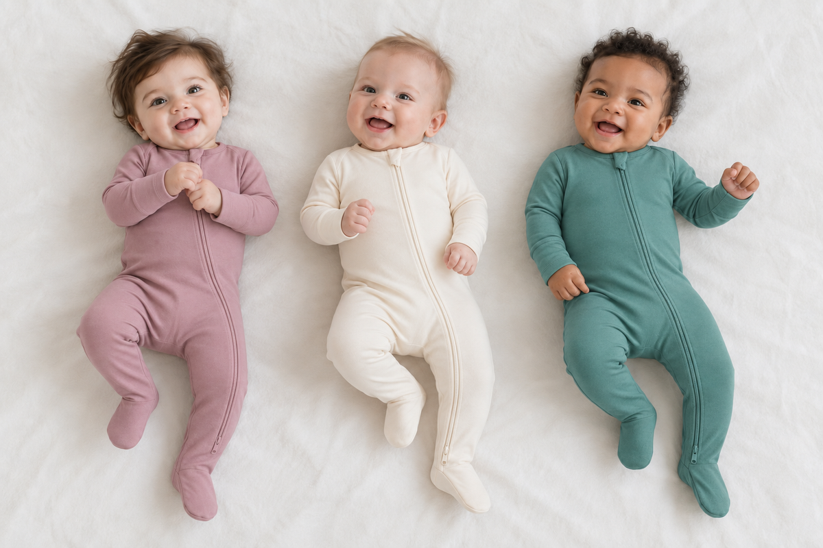 Three babies wearing Mauve, Eggnog and Pine Green organic two-way zip footies.