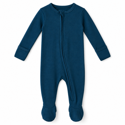 Modern Burlap footie sailor blue, full front studio view
