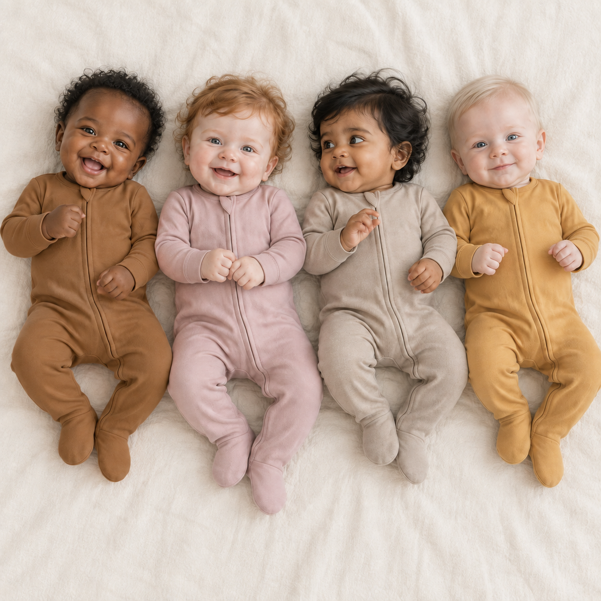Four babies wearing Ginger, Mauve, Hazelnut and Honey organic zip footies.