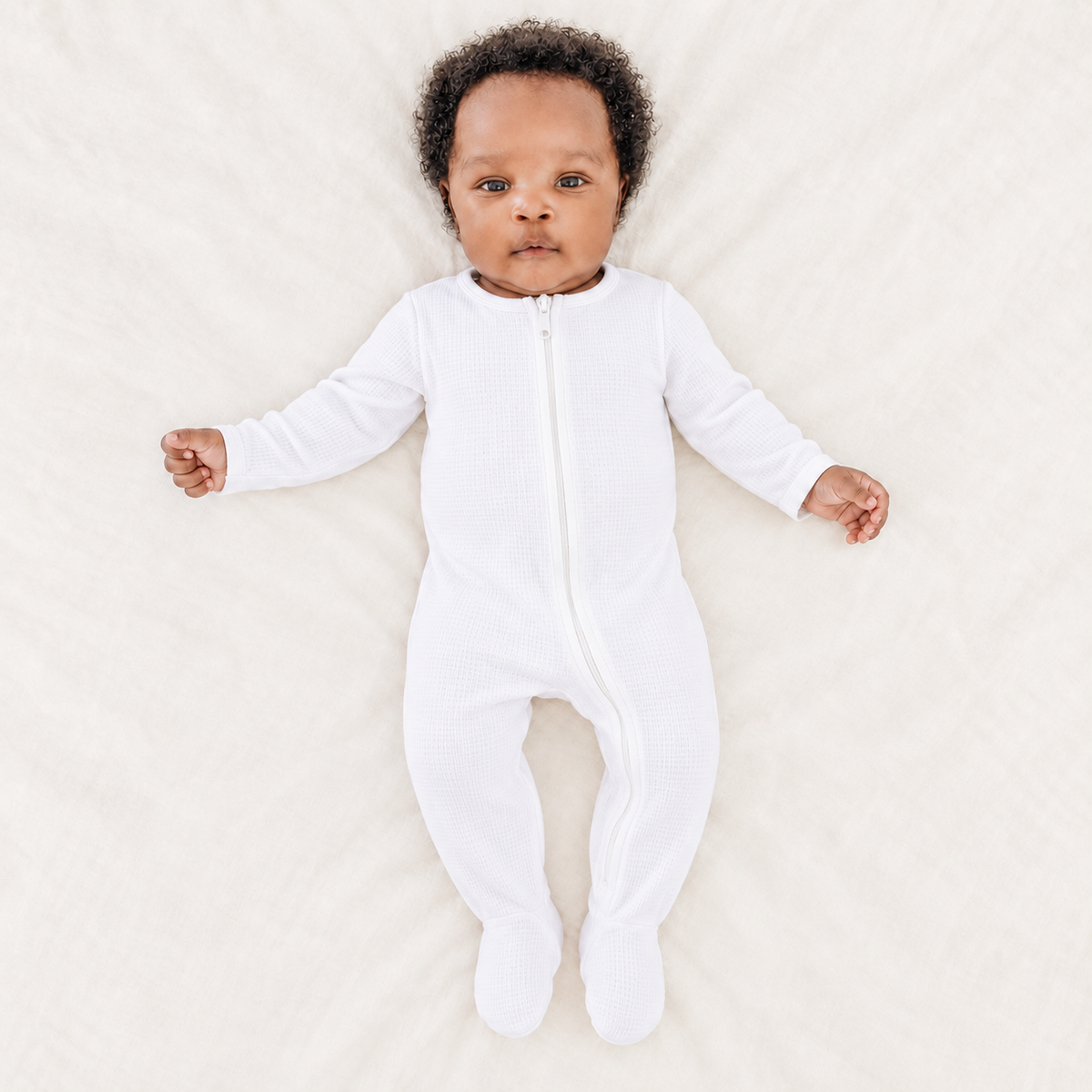 Baby wearing the White organic thermal zip footie, full front view with covered feet; AI-enhanced product image.