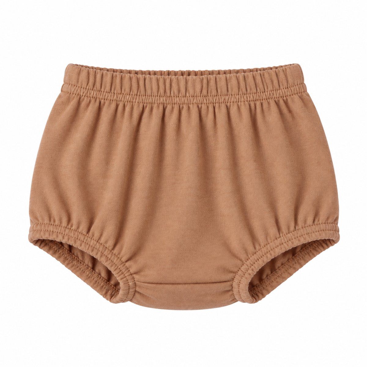 Modern Burlap organic baby bloomers in Ginger, front studio view on white.