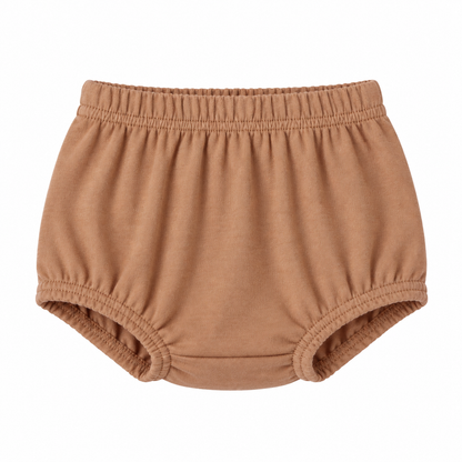 Modern Burlap organic baby bloomers in Ginger, front studio view on white.