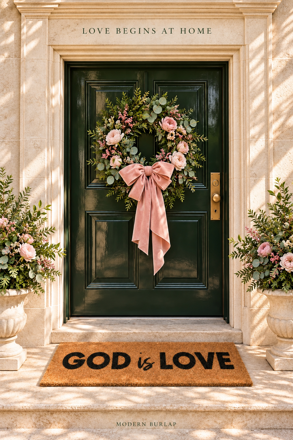 Illustrated entryway styling inspiration: God Is Love coir doormat at a dark green door with a blush rose wreath and pink bow. Styling accessories not included.