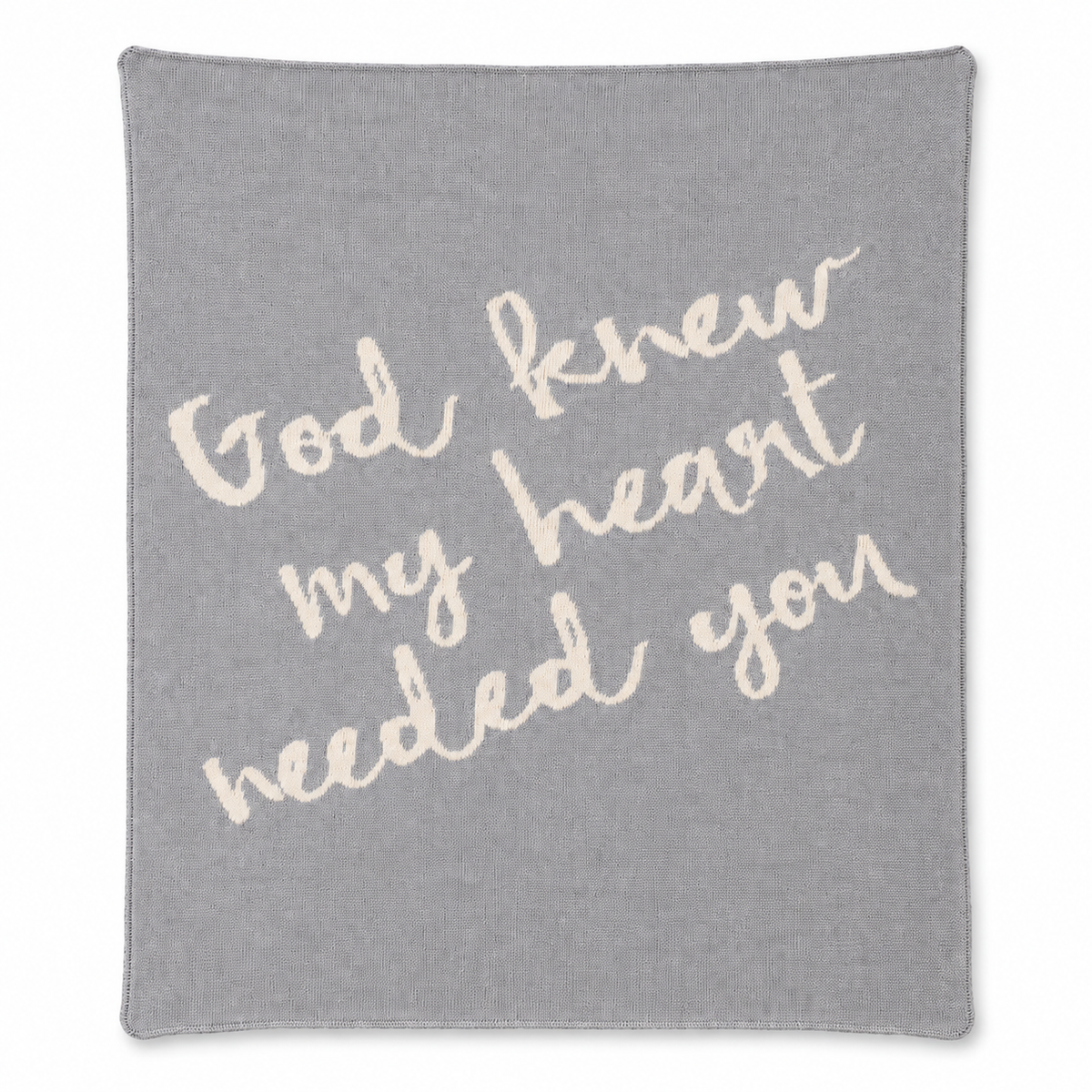 God Knew My Heart Needed You knit blanket in Aluminum — full studio view on white.