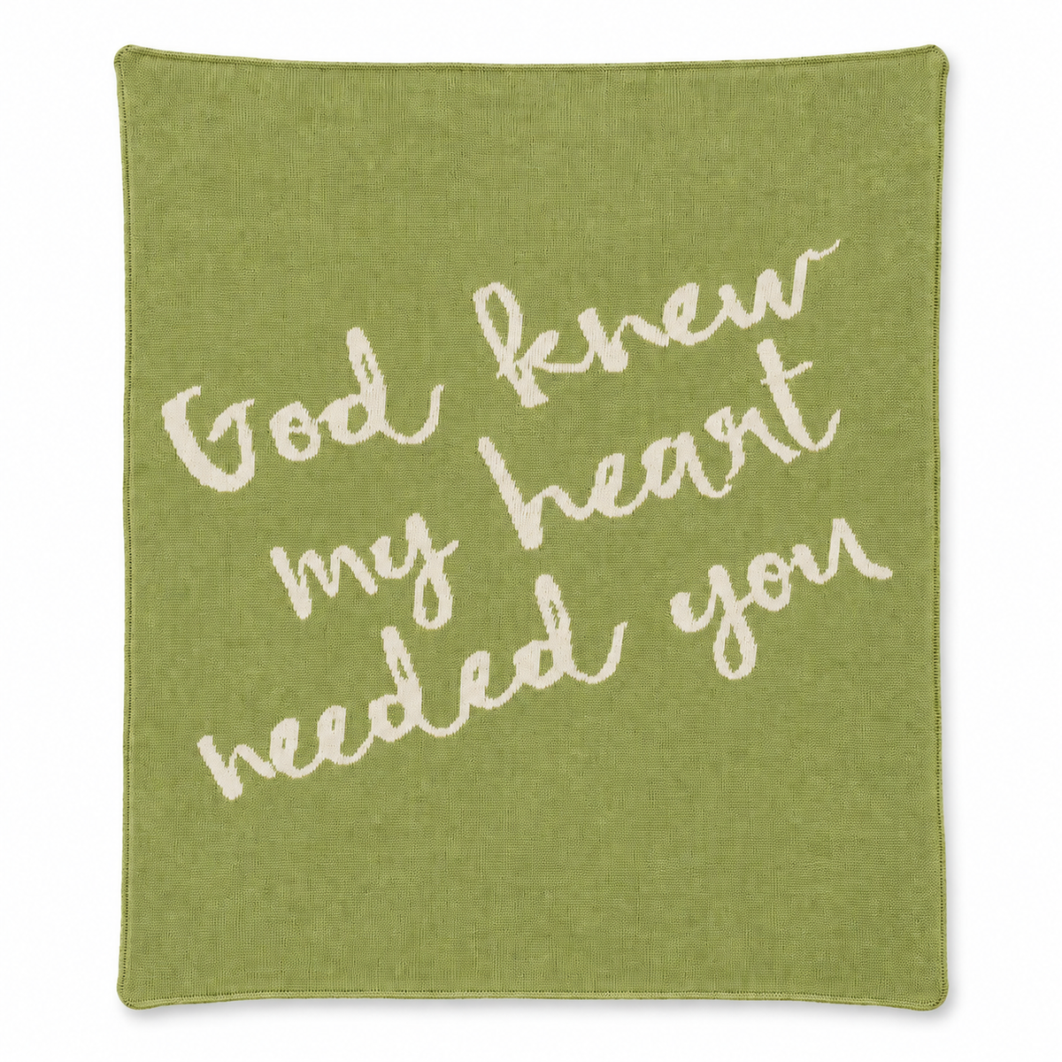 God Knew My Heart Needed You knit blanket in Apple Green — full studio view on white.