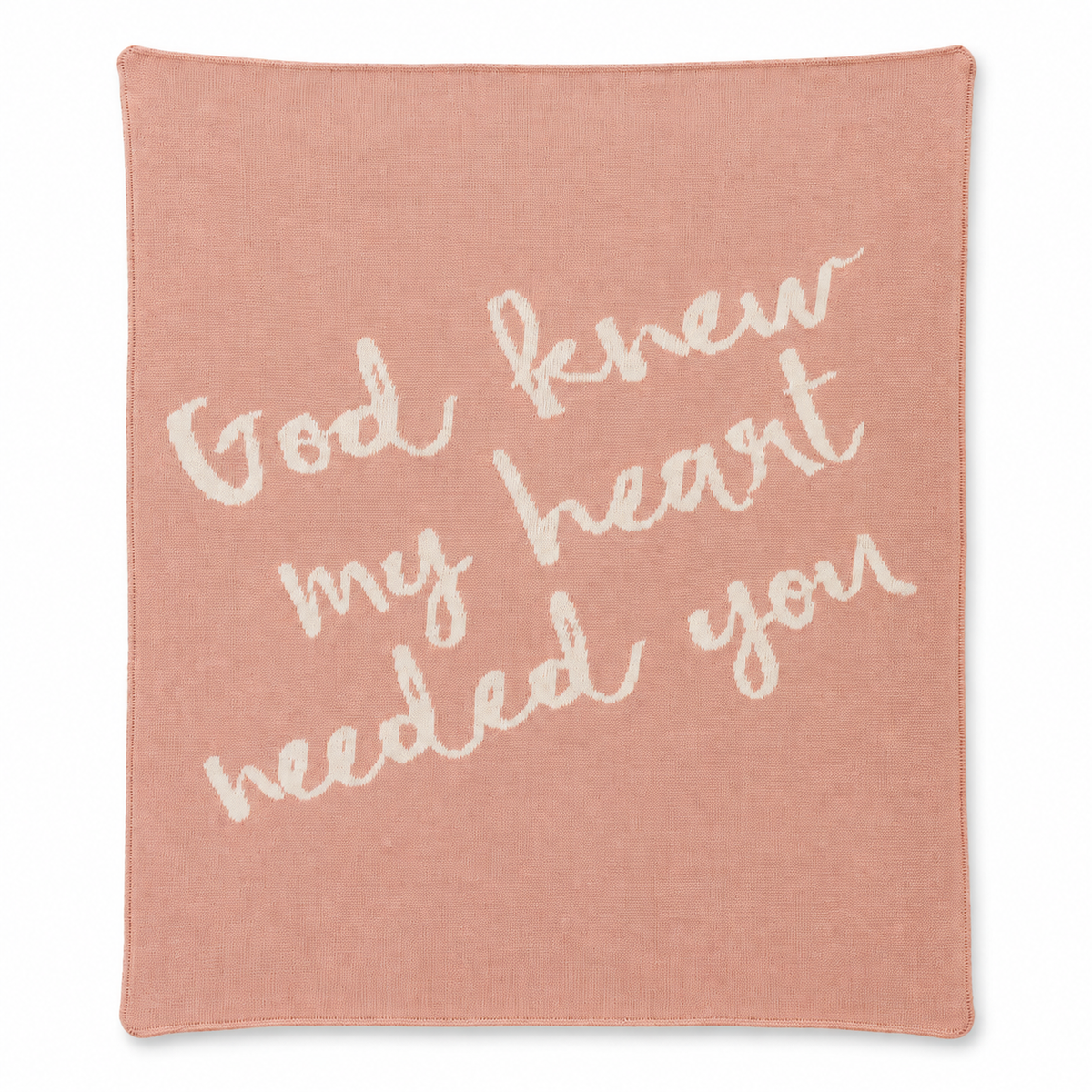 God Knew My Heart Needed You knit blanket in Cameo Pink — full studio view on white.