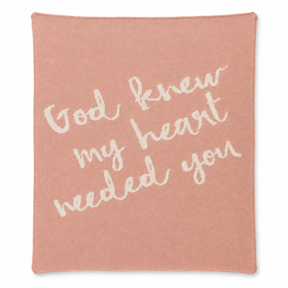 God Knew My Heart Needed You knit blanket in Cameo Pink — full studio view on white.
