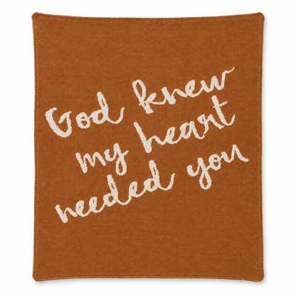 God Knew My Heart Needed You knit blanket in Caramel — full studio view on white.
