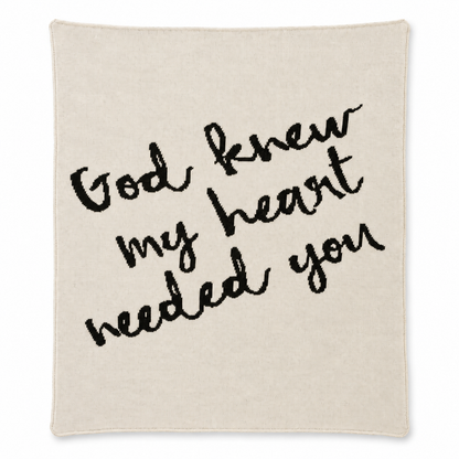 God Knew My Heart Needed You knit blanket in Natural — full studio view on white.