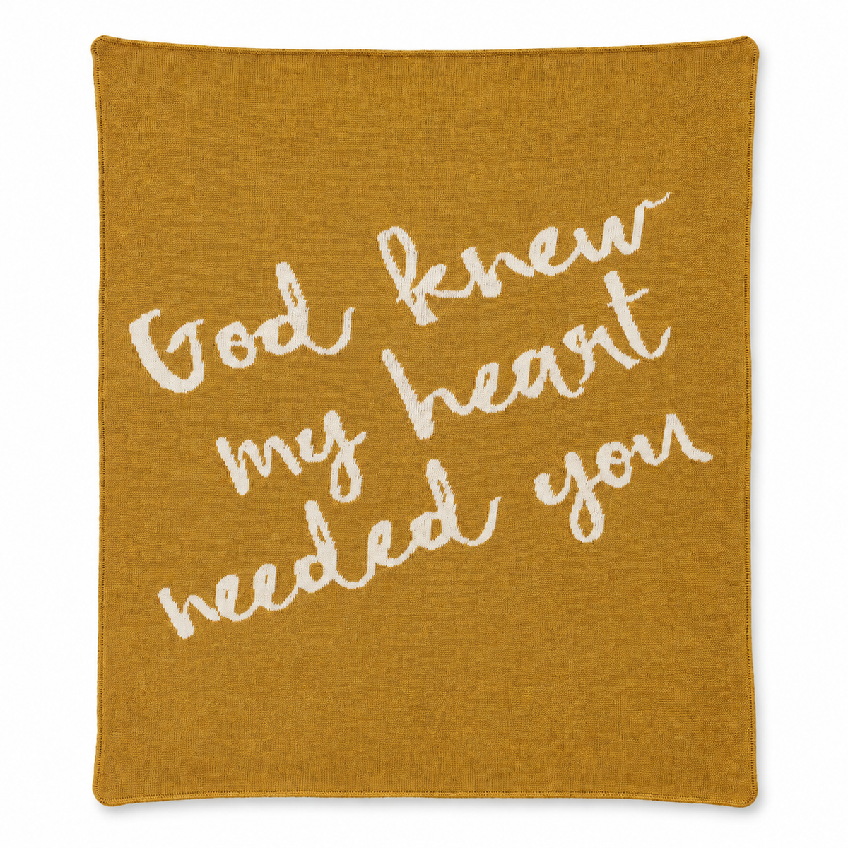 God Knew My Heart Needed You knit blanket in Ocre — full studio view on white.