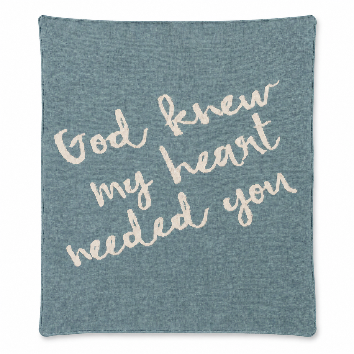 God Knew My Heart Needed You knit blanket in Pacific Blue — full studio view on white.