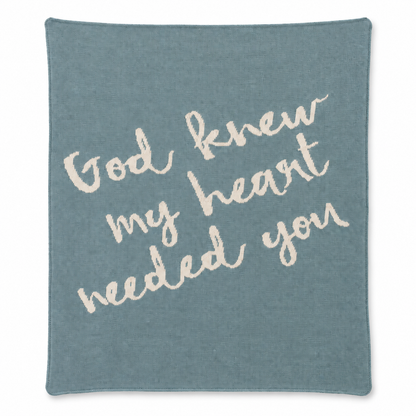 God Knew My Heart Needed You knit blanket in Pacific Blue — full studio view on white.