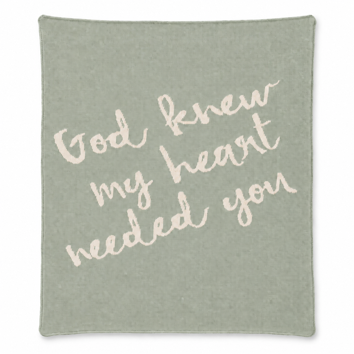 God Knew My Heart Needed You knit blanket in Sky Green — full studio view on white.