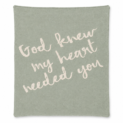God Knew My Heart Needed You knit blanket in Sky Green — full studio view on white.