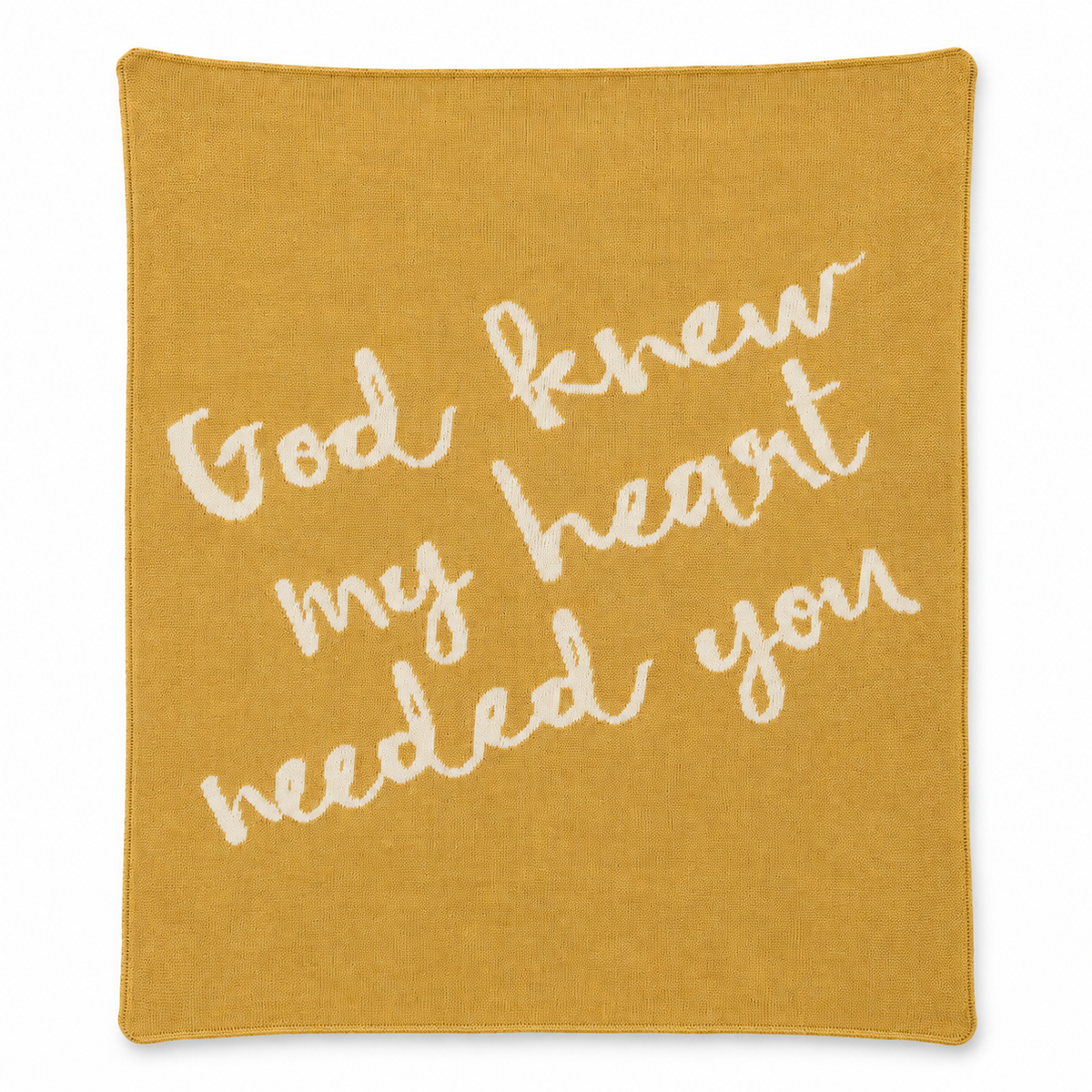 God Knew My Heart Needed You knit blanket in Straw — full studio view on white.