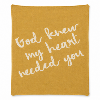 God Knew My Heart Needed You knit blanket in Straw — full studio view on white.