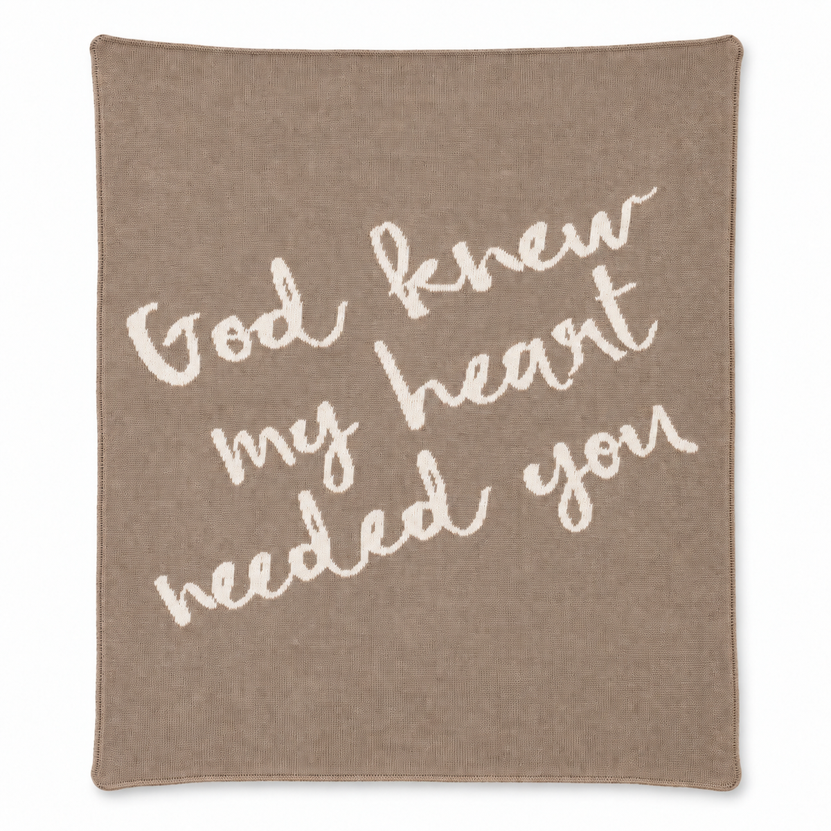 God Knew My Heart Needed You knit blanket in Taupe — full studio view on white.