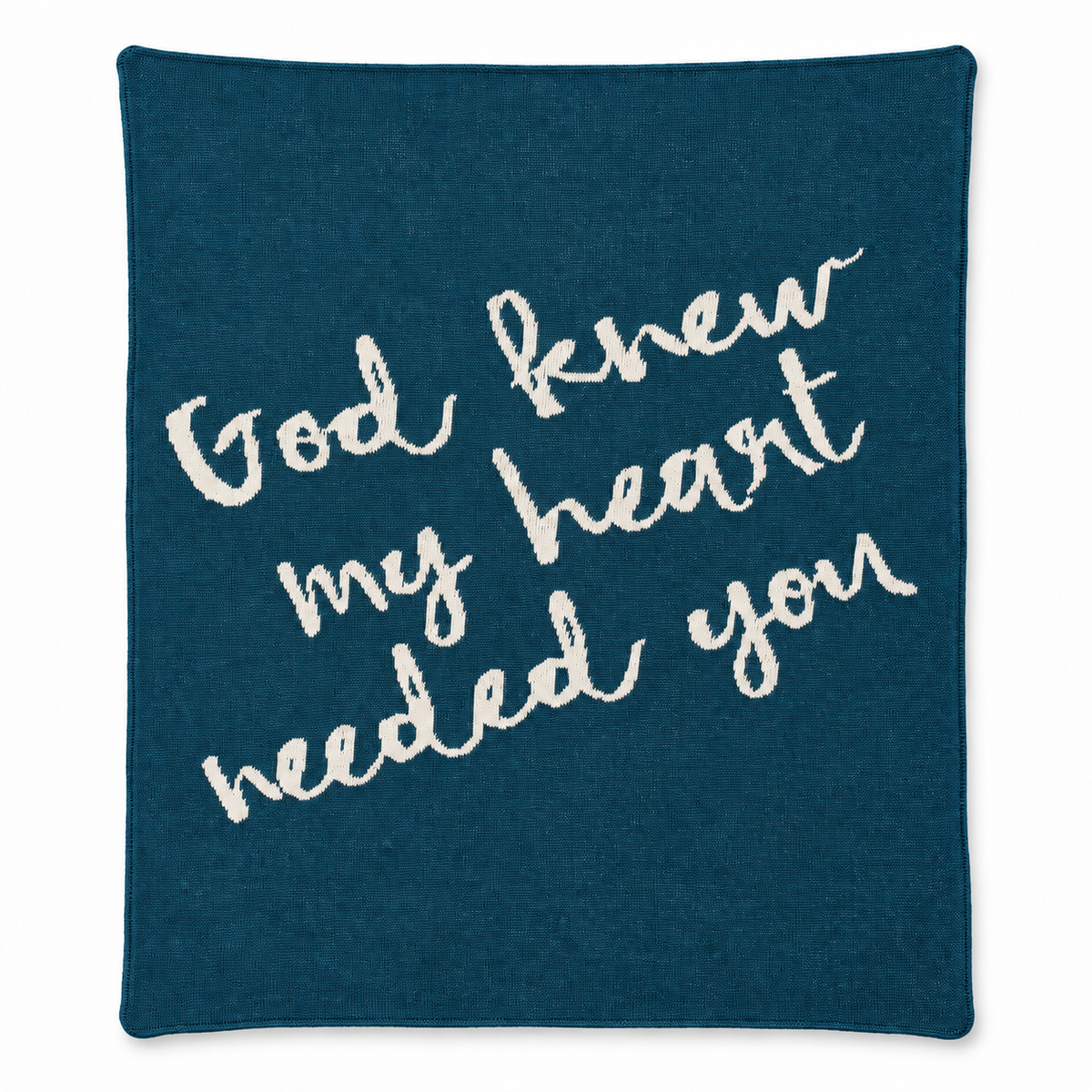 God Knew My Heart Needed You knit blanket in Teal — full studio view on white.