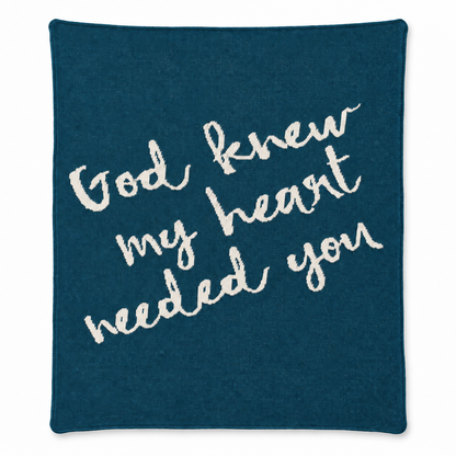 God Knew My Heart Needed You knit blanket in Teal — full studio view on white.
