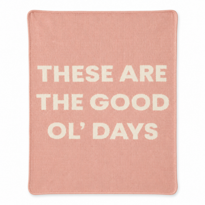 These Are the Good Ol’ Days recycled cotton blanket in Cameo Pink, full front studio view on white.
