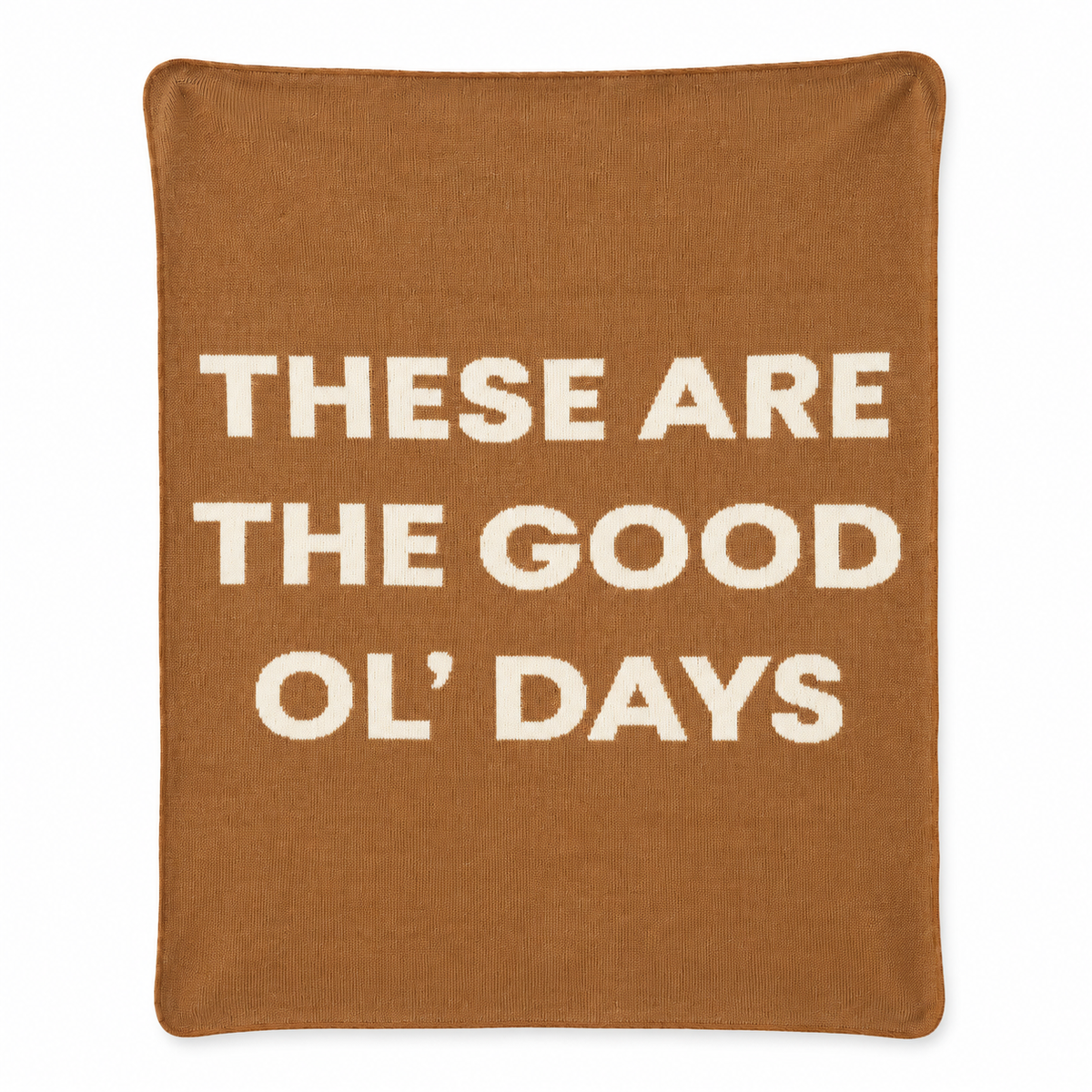 These Are the Good Ol’ Days recycled cotton blanket in Caramel, full front studio view on white.