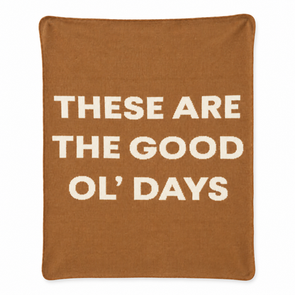 These Are the Good Ol’ Days recycled cotton blanket in Caramel, full front studio view on white.