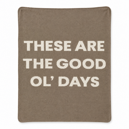 These Are the Good Ol’ Days recycled cotton blanket in Taupe, full front studio view on white.
