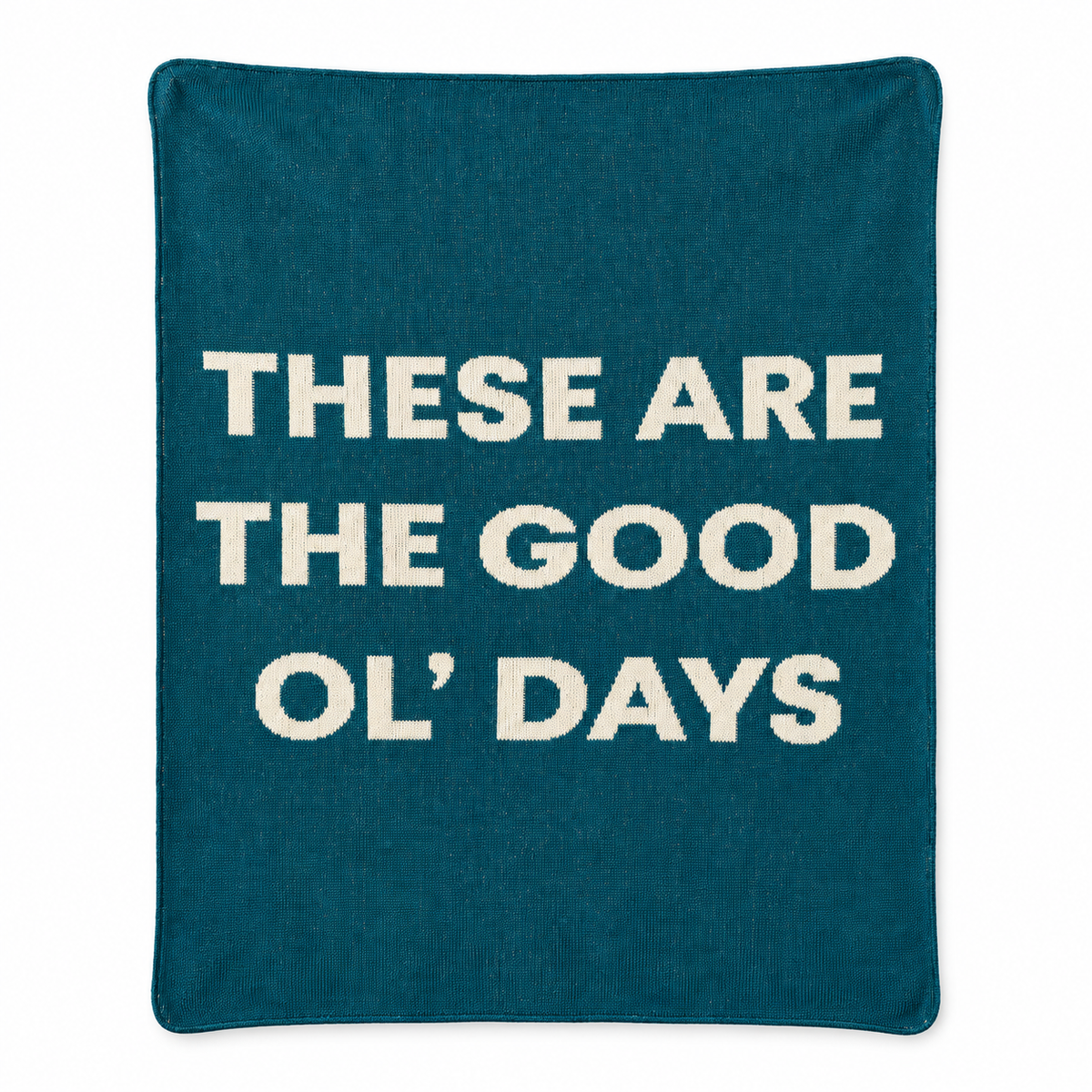 These Are the Good Ol’ Days recycled cotton blanket in Teal, full front studio view on white.