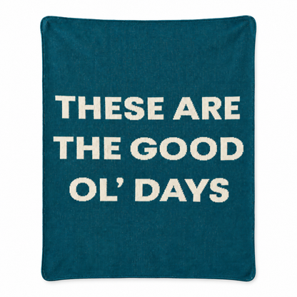 These Are the Good Ol’ Days recycled cotton blanket in Teal, full front studio view on white.