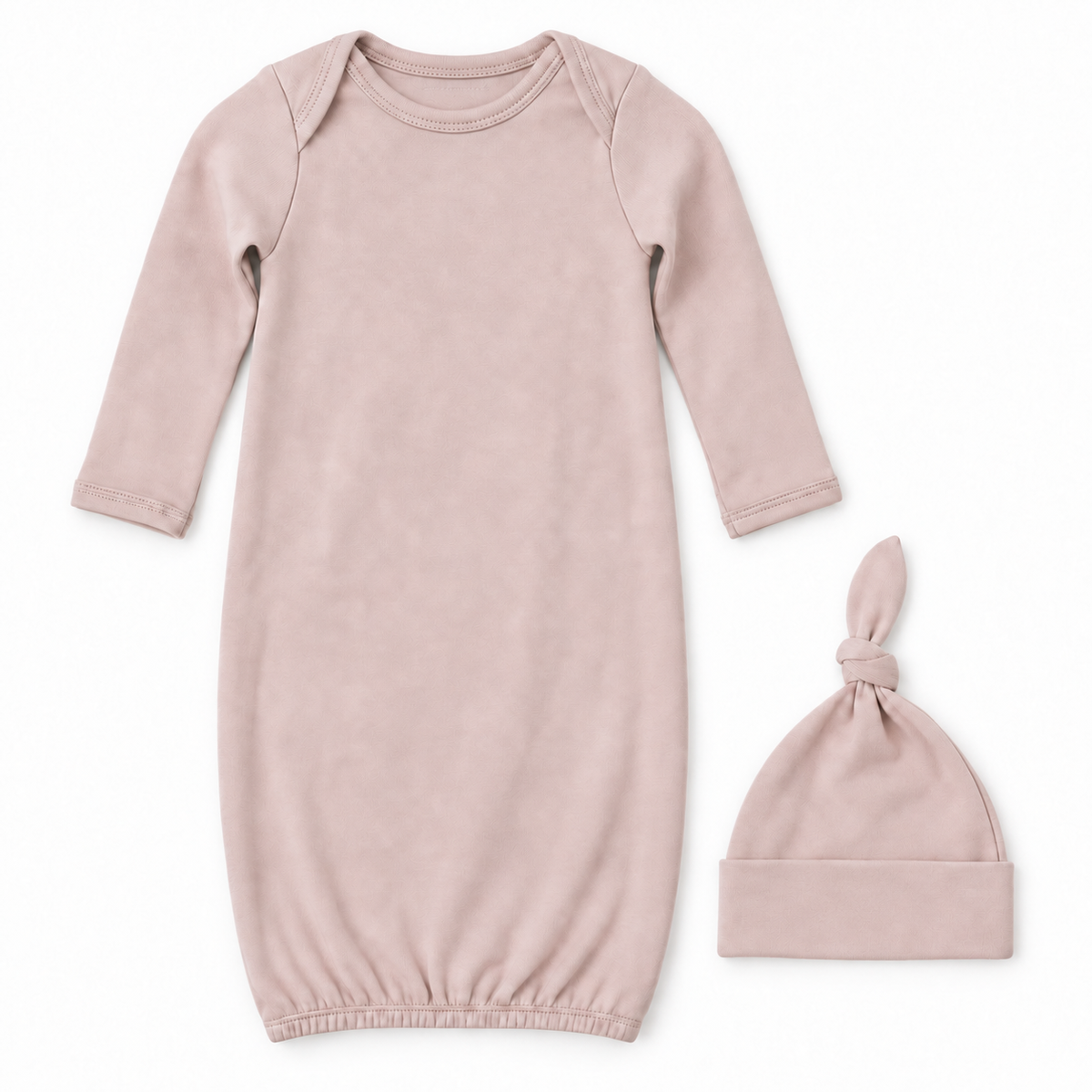 Modern Burlap organic knot hat and gown set in Adobe Rose, full front studio view